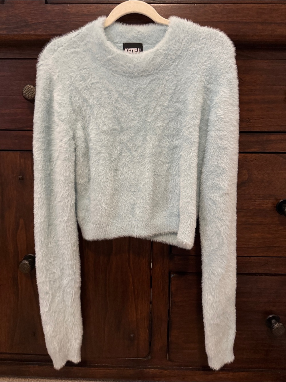Katie J NYC Cropped Light Blue Plush Crewneck Sweater